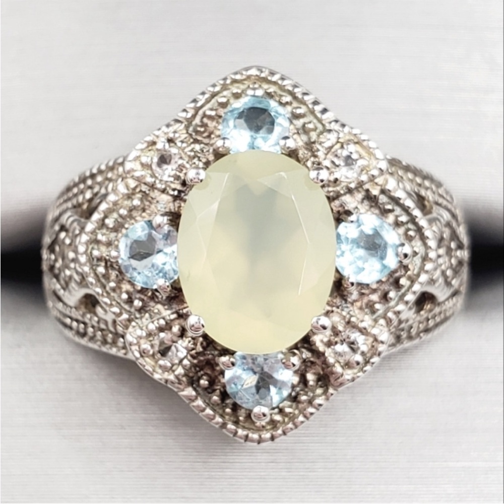 Apatite - White Topaz & Chalcedony 925 Sterling Silver Milgrain Design Ring